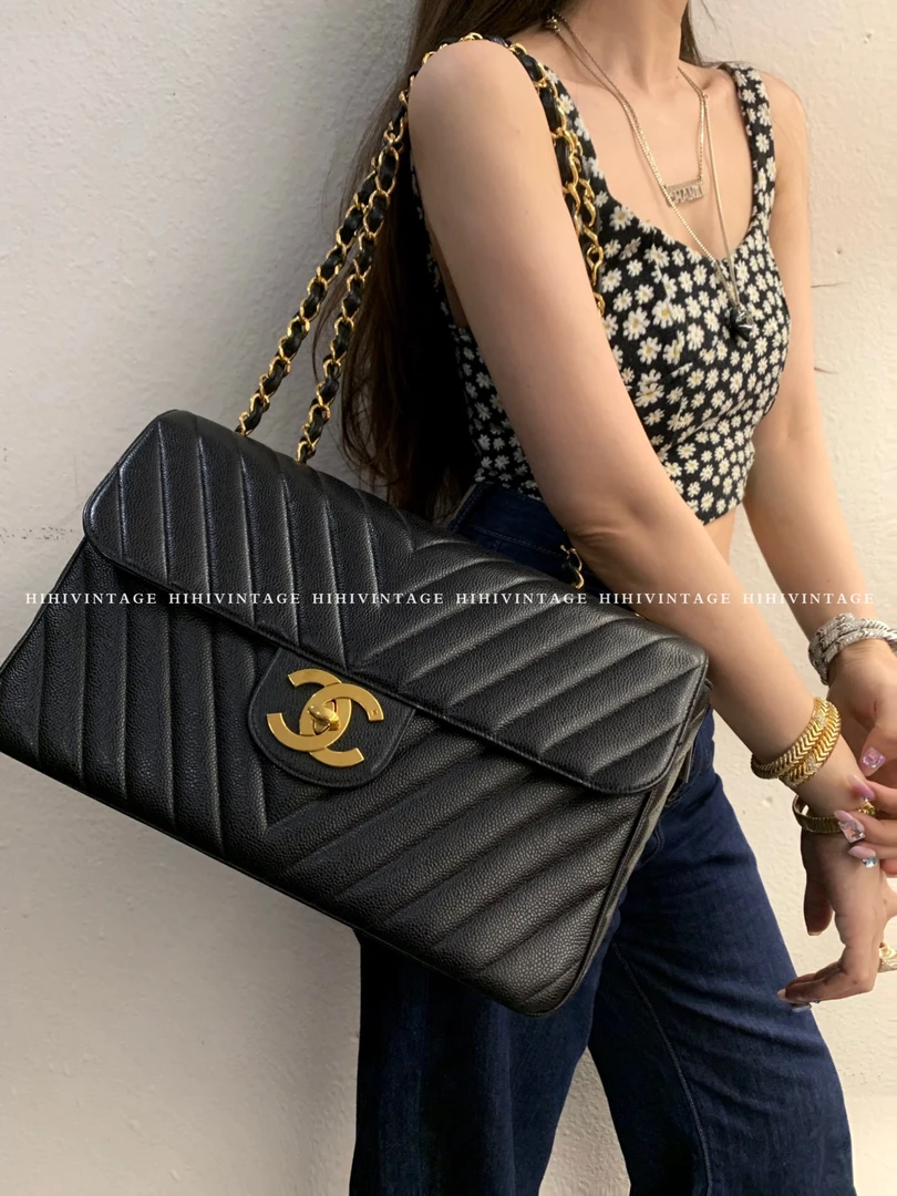 95新 Chanel/香奈儿 HIHI/黑金V纹贝嫂34 3开 8747404