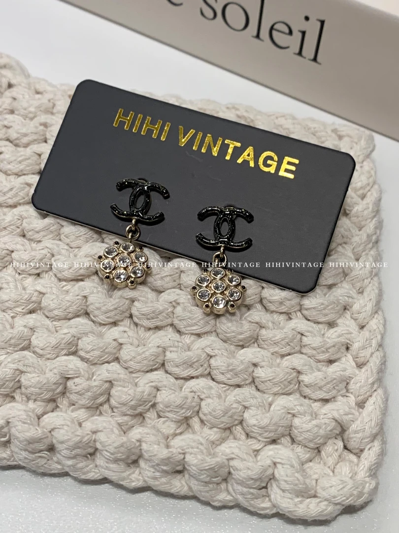 99新 Chanel/香奈儿 HIHI/Chanel19B黑色双C镶钻吊坠耳钉/8785107