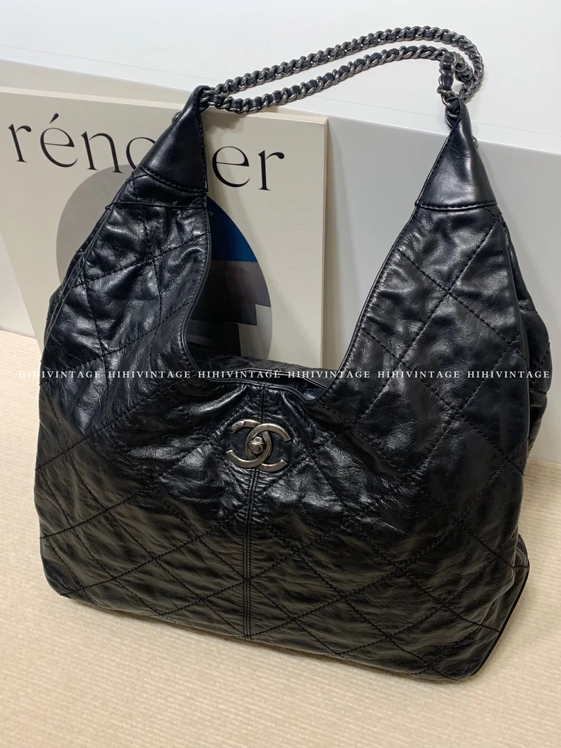 99新 Chanel/香奈儿 HIHI/黑银菱格纹hobo腋下包 20开 8160956