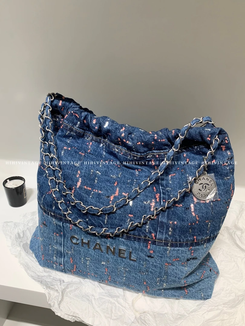 99新 Chanel/香奈儿 HIHI/丹宁拼接亮片中号22bag 芯片款9575241