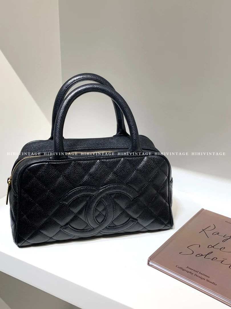 95新 Chanel/香奈儿 HIHI/黑金荔枝皮小号保龄球手提包8开9105207