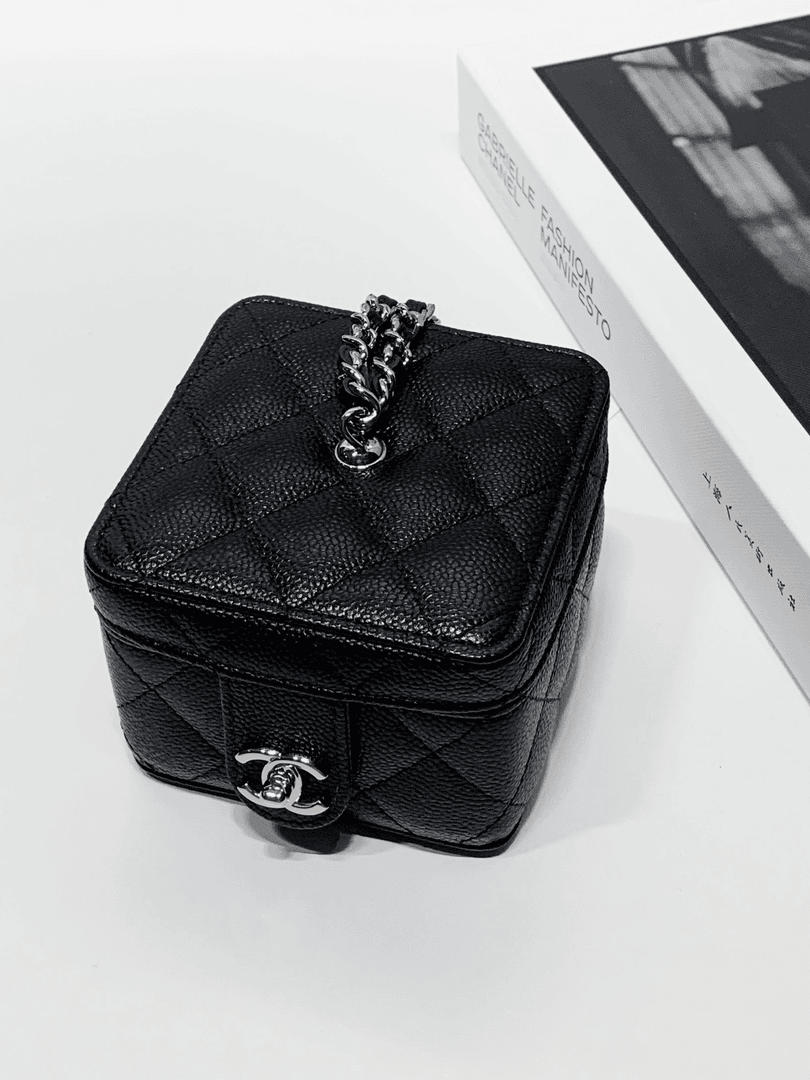 99新 Chanel/香奈儿 HIHI/CHANEL 黑金荔枝纹手拎盒子包 新款镭射