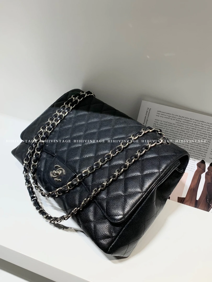 95新 Chanel/香奈儿 HIHI/黑银荔枝纹Maxi链条包13开/10494409