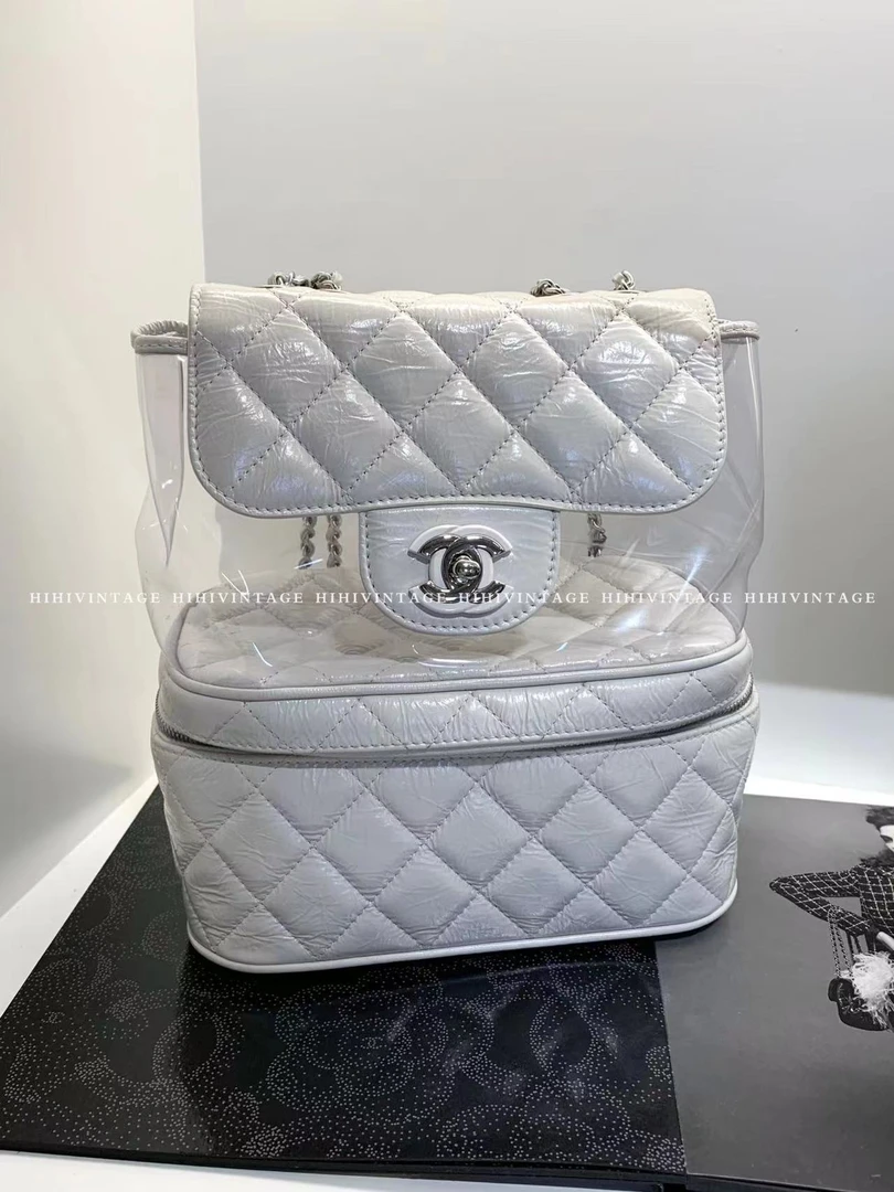 95新 Chanel/香奈儿 HIHI/白色油蜡皮pvc透明链条包/9006528