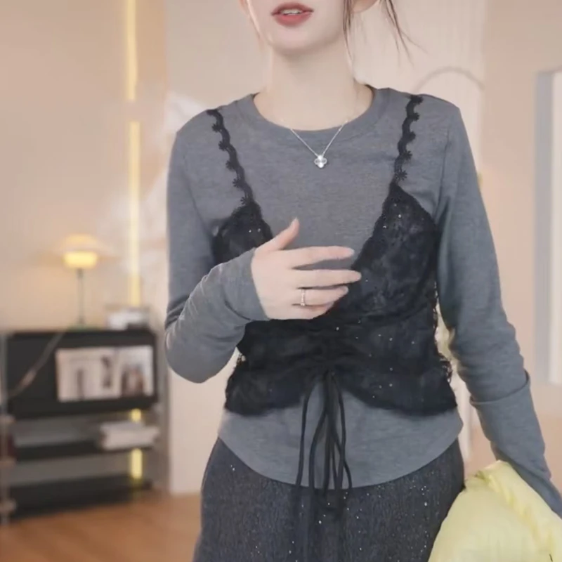 2024年秋冬韩版高级感假两件蕾丝吊带拼接长袖T恤打底衫女上衣