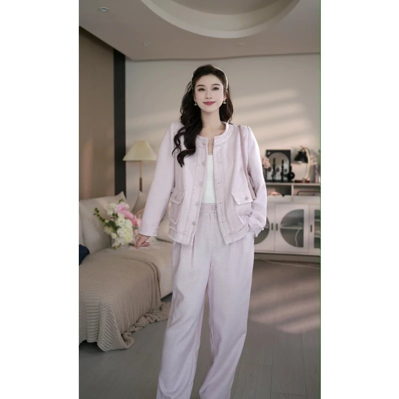 现货青苍 马西西微胖大码【宙斯恋人】紫粉色西装外套裤子显瘦套装