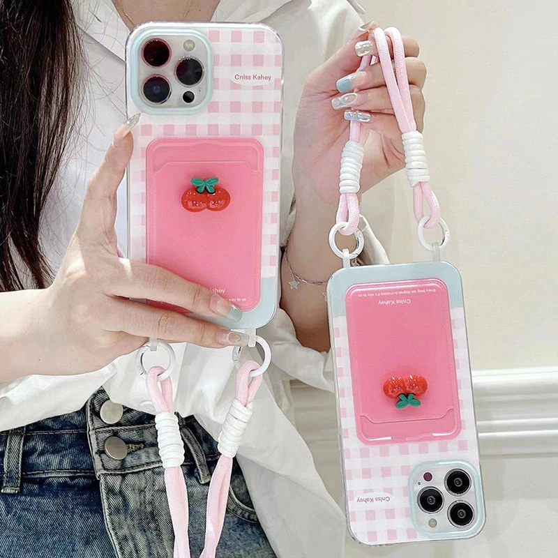 粉格立体樱桃卡包iPhone15/14/13手机壳华为荣耀90红米OPPOVIVO软