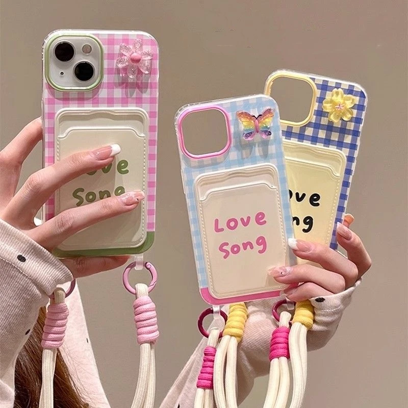 ins韩系格纹卡包适用iPhone15/14手机壳华为荣耀红米OPPOa58xVIVO