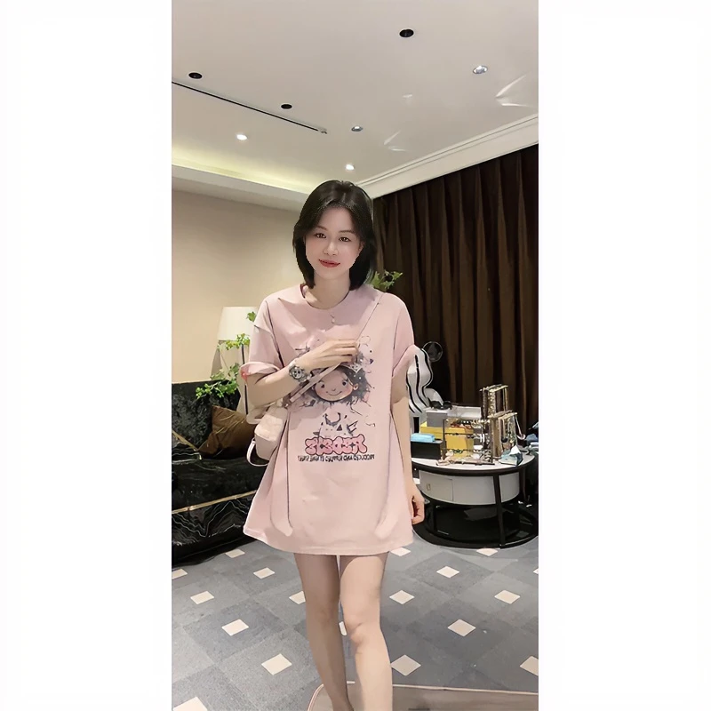 律动莫兰迪夏季粉色短袖t恤大码女装宽松百搭卡通印花体恤上衣