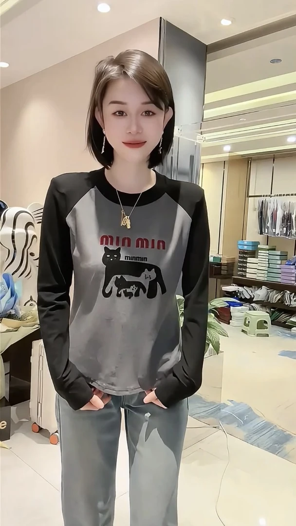欧货高级卡通猫咪印花减龄直筒卫衣女秋季新款圆领插肩袖休闲T恤