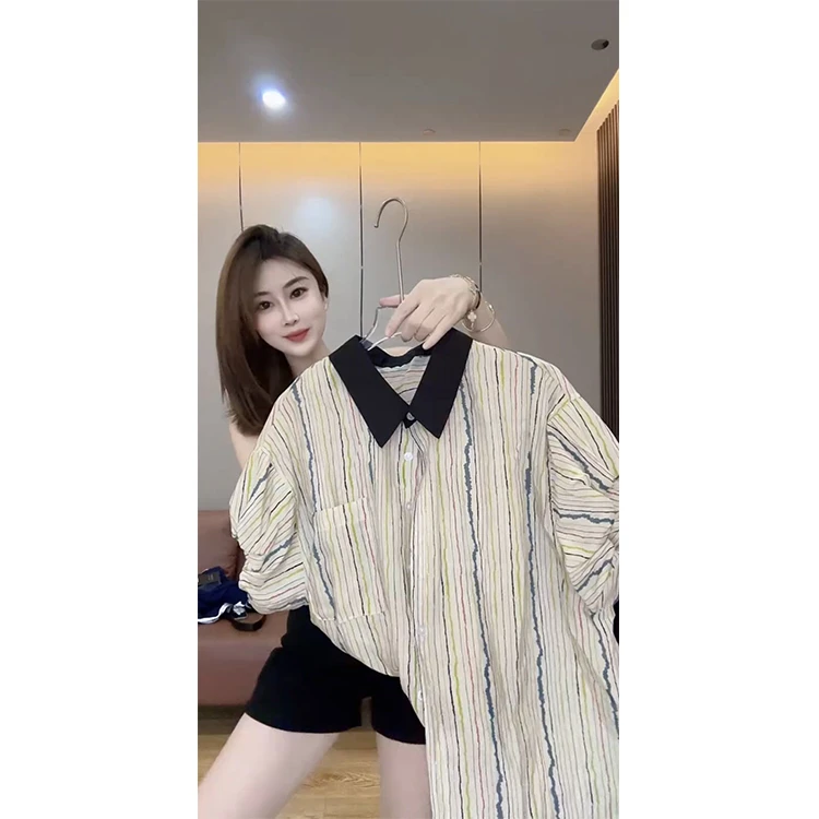 法式撞色领竖条纹花苞短袖衬衫女2024夏季新款高级感别致洋气衬衣