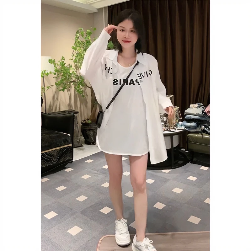 欧洲站2024夏气质防晒奢港风洋气水印字母衬衫搭配背心两件套