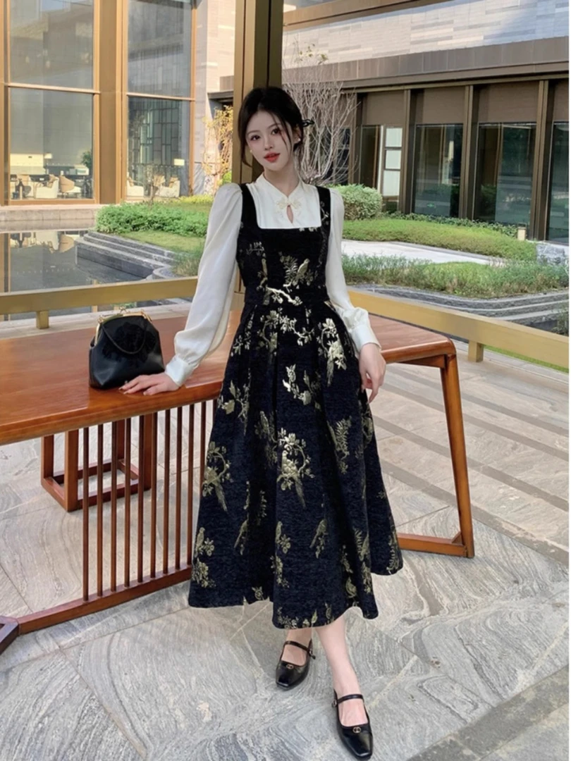 新中式黑色假两件连衣裙2024秋季新款显瘦收腰国风复古气质长裙子