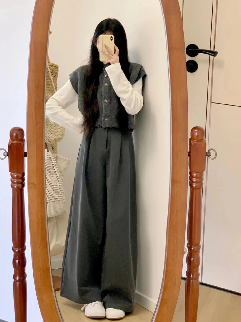 2024秋季新款套装女灰色马甲T恤百搭阔腿裤三件套高级感小个子
