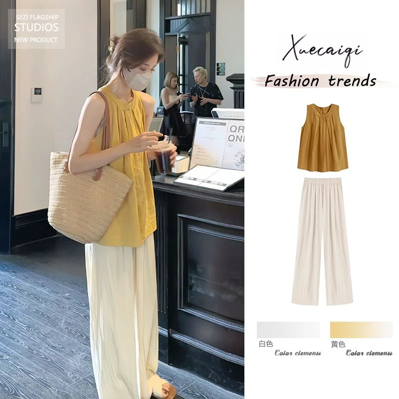 夏季韩系穿搭一整套小个子无袖娃娃衫上衣洋气时髦阔腿裤两件套女