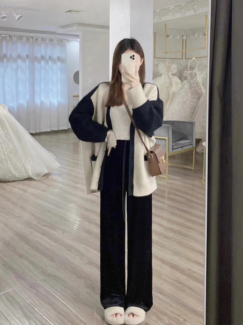 早秋装2024茶系穿搭一整套微胖韩剧盐系高级感慵懒风毛衣两件套装