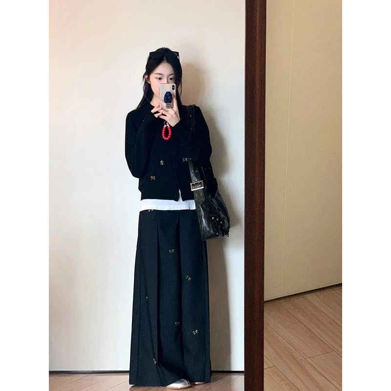 秋装搭配一整套大码胖mm气质显瘦小香风针织上衣休闲阔腿裤套装女