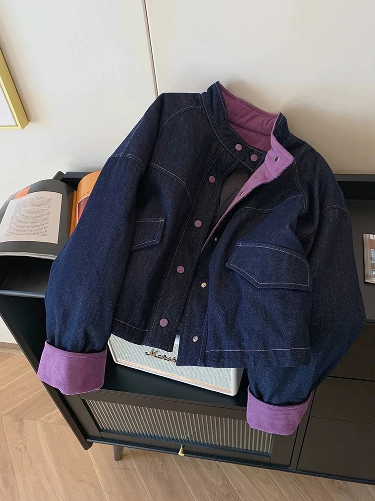设计感撞色立领短款牛仔棉服女2024冬季新款气质简约显瘦保暖