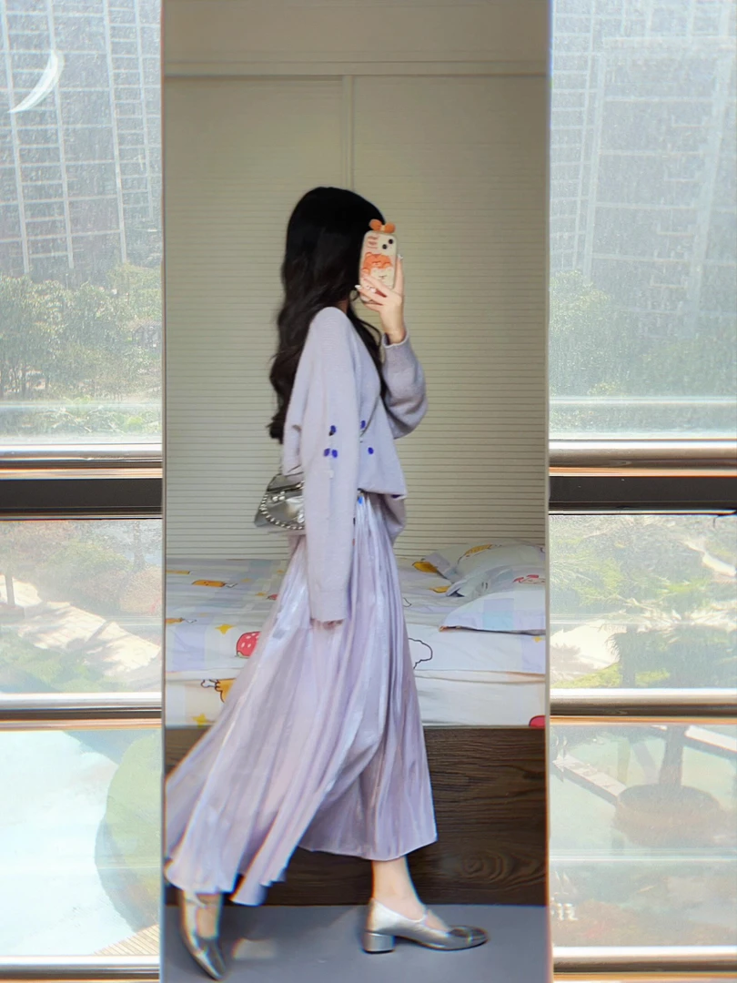 入秋穿搭一整套温柔气质紫色针织衫流光仙女气质半身裙长裙两件套