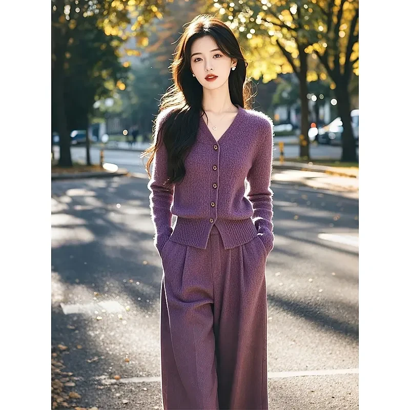 秋冬新款气质盐系爆款轻熟风高级感时尚洋气紫色针织上衣长裤套装