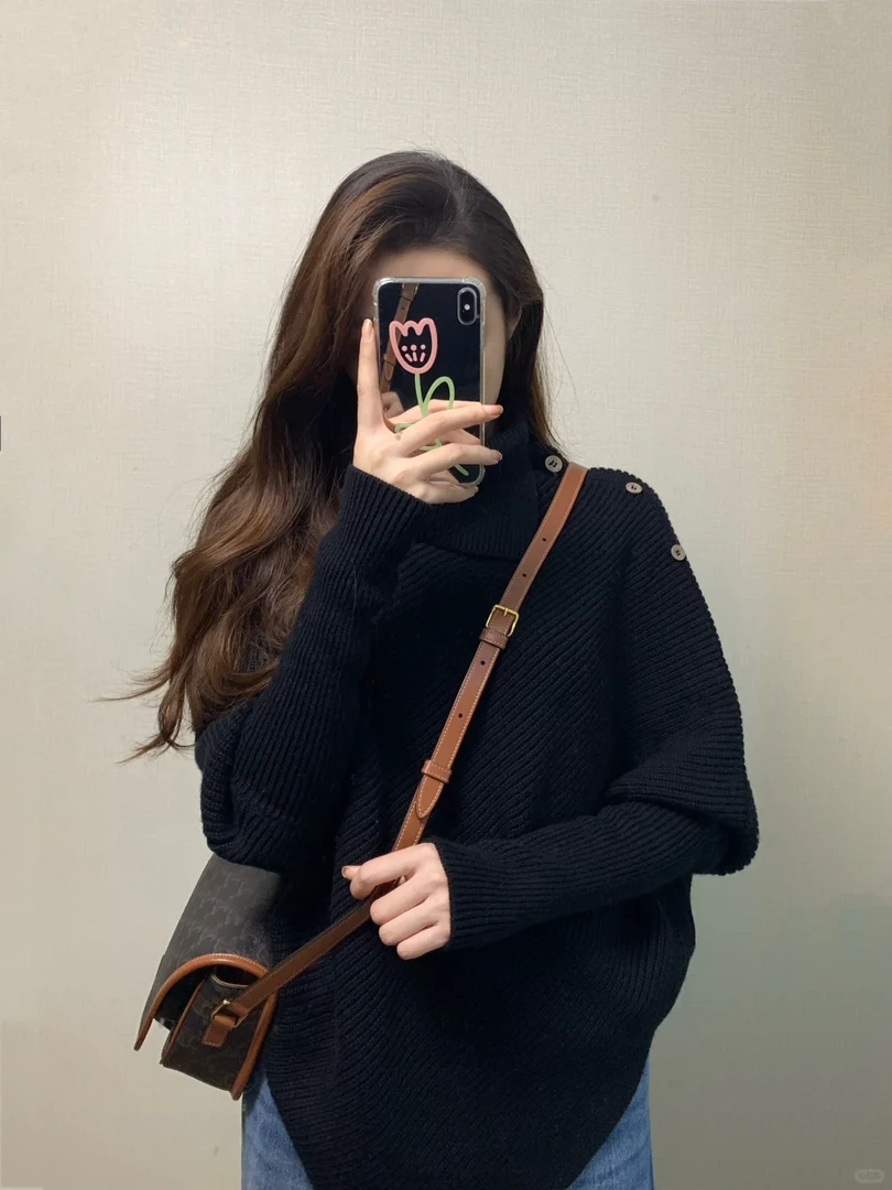 2024秋冬一整套慵懒风设计感套头黑色毛衣女搭配牛仔裤显瘦两件套