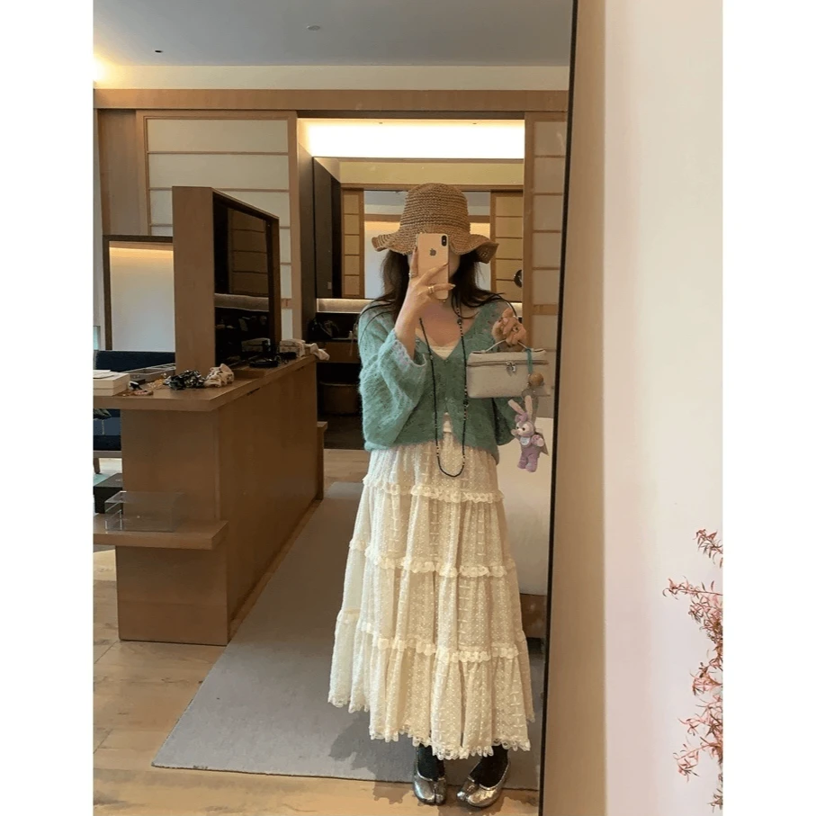 早秋穿搭一整套镂空针织开衫吊带上衣蕾丝半身裙温柔韩风chic套装