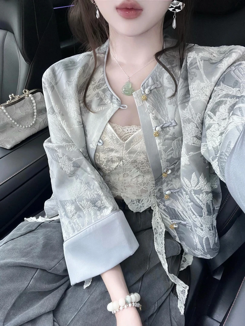 春季穿搭高级感套装新中式国风短外套女复古时尚阔腿裤两件套装潮