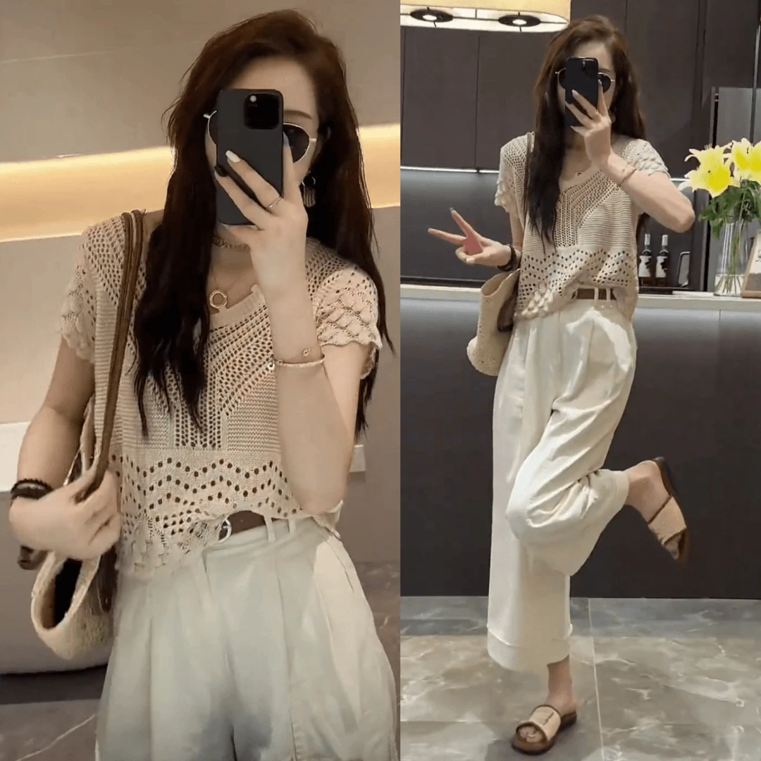v领薄款短袖针织衫高腰九分休闲阔腿裤套装2024夏季新款时尚百搭