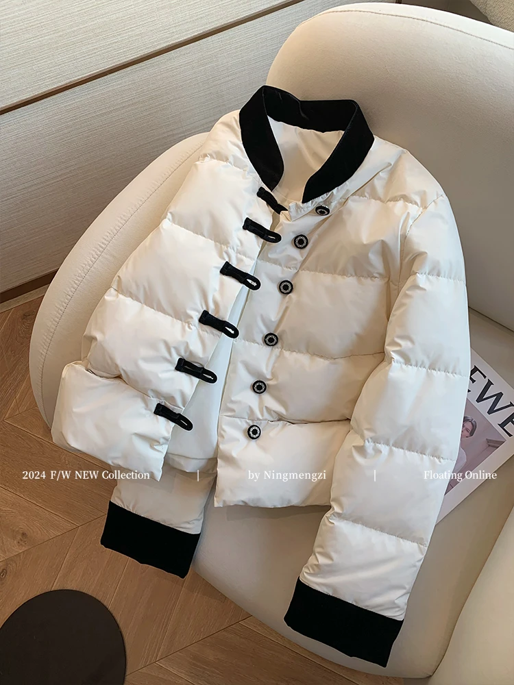 丝绒拼接立领盘扣小香风棉服女2024冬季新款轻薄保暖气质国风外套