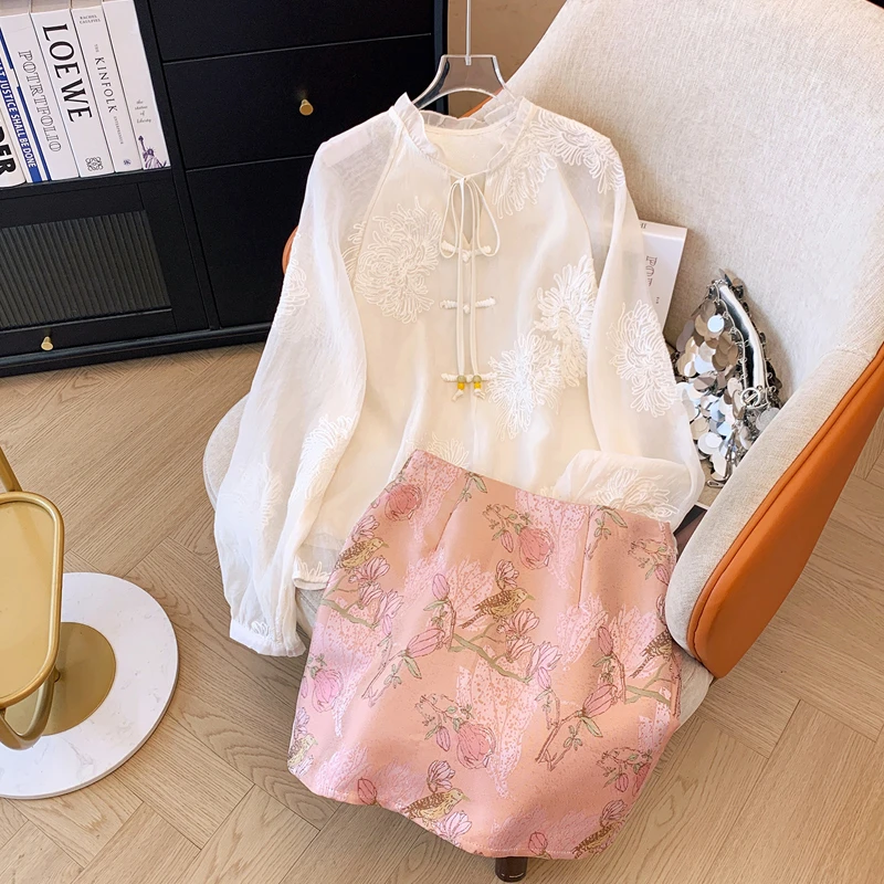 新中式国风刺绣衬衫上衣女2024夏季新款大码时尚气质半身短裙子潮