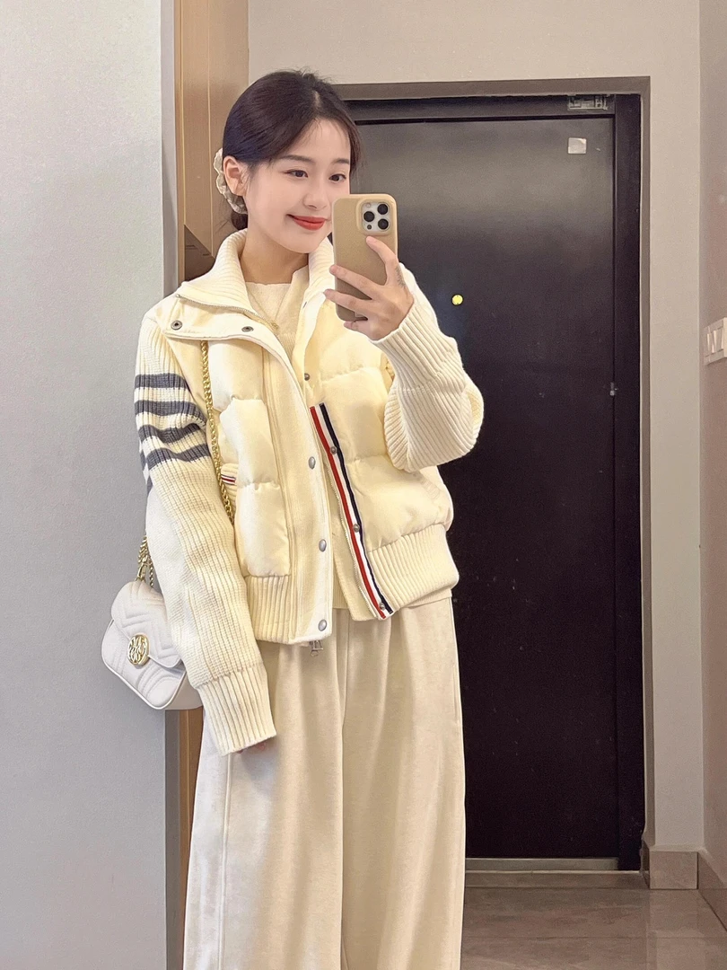 2024秋冬新款设计感针织拼接加厚保暖棉服外套搭配休闲裤两件套潮