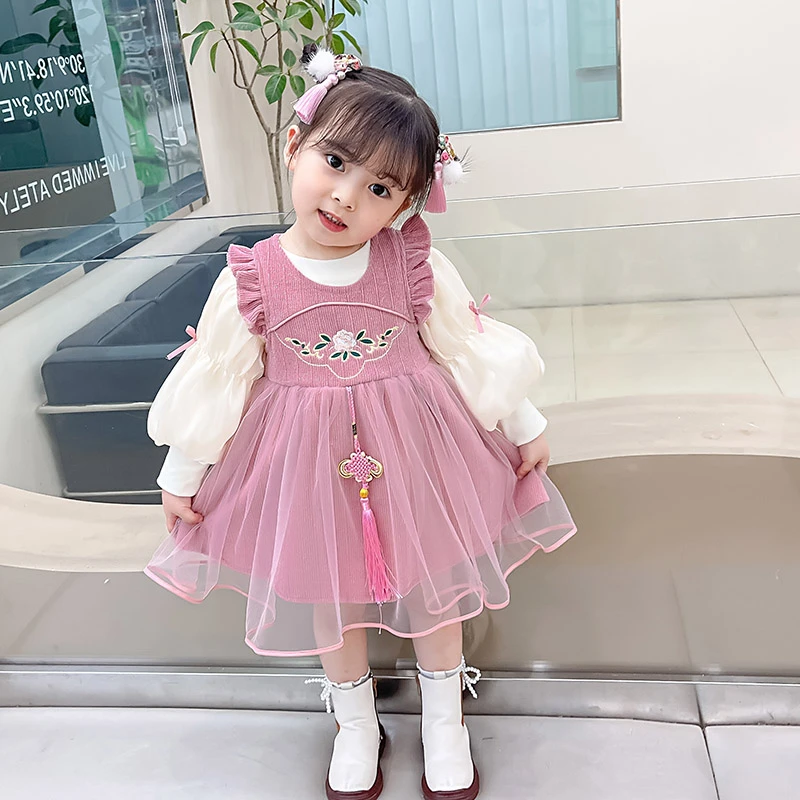 女宝宝过年服红色连衣裙秋冬加绒儿童拜年服女童冬装2024新款冬季