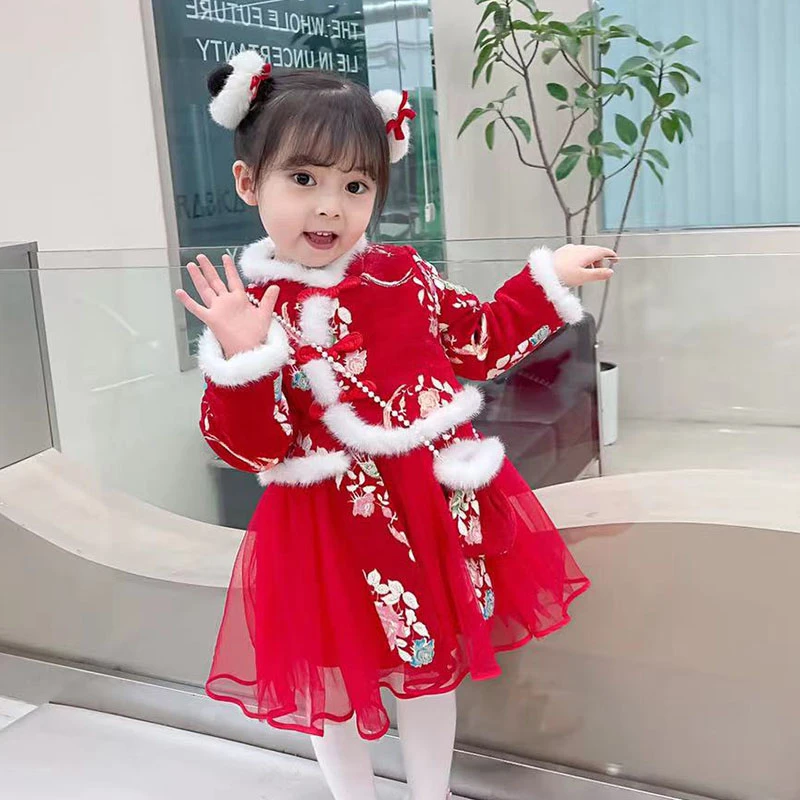 2681 3儿童2024兔年一岁宝宝冬装红色拜年服女唐装2女童汉服冬季