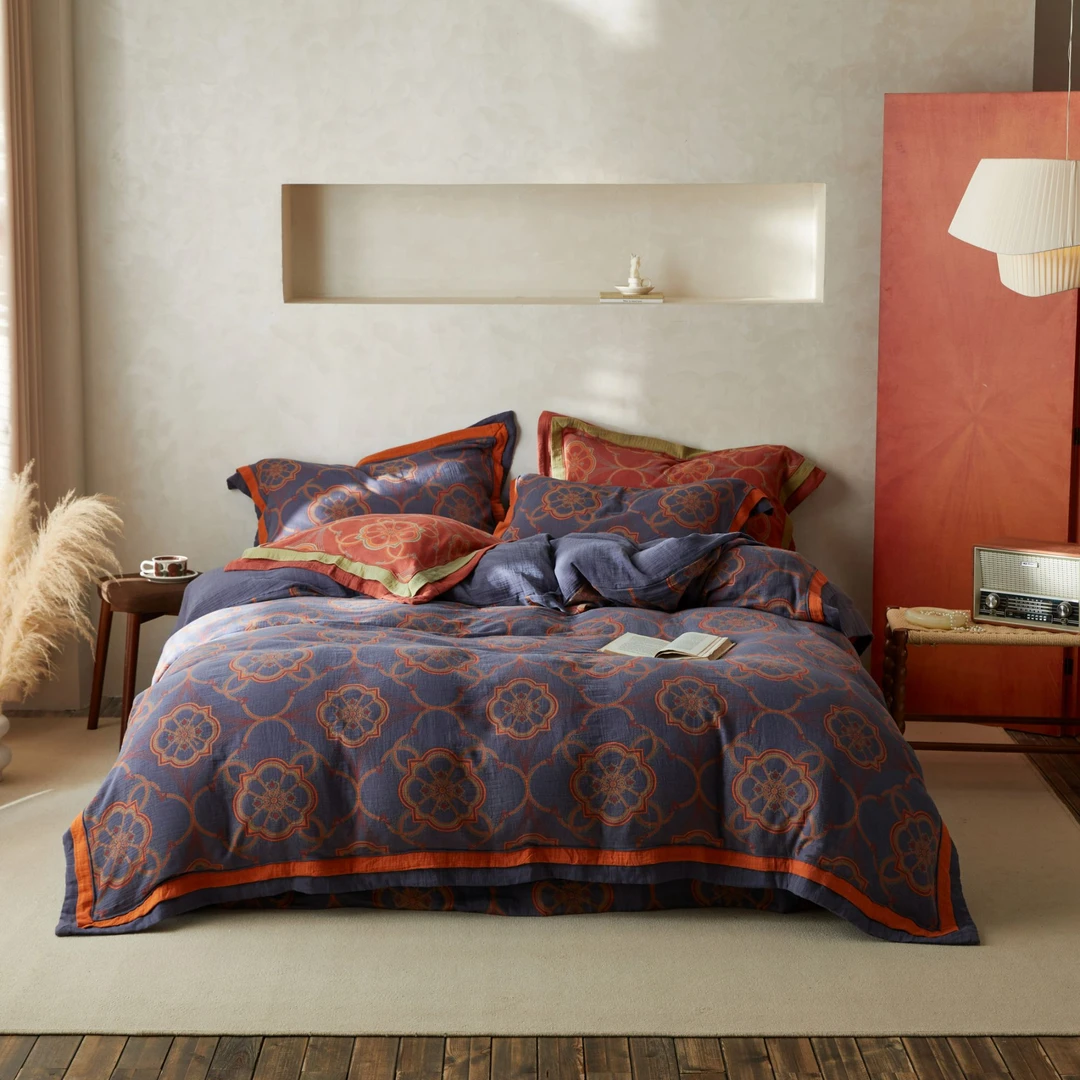 布江南-金色琉璃-全棉柔软双层纱四件套透气柔软纱布床上用品复古