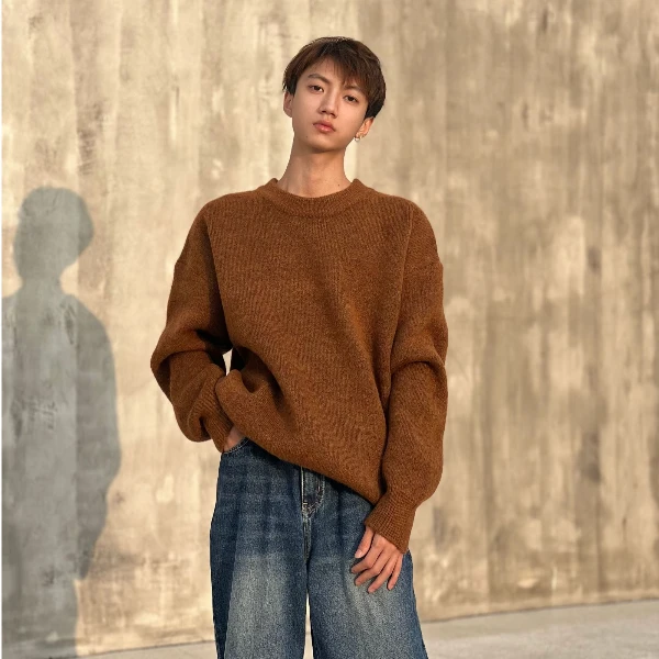 混纺蓬软粗支圆领美拉德百搭叠穿vibe毛衣男氛围感针织衫简约复古