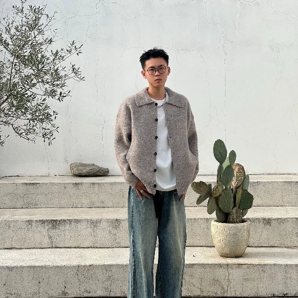 蓬软混纺开衫粗支翻领小休闲叠穿vibe毛衣男氛围感针织衫百搭