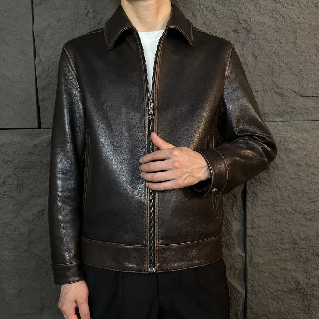 财喜来海宁真皮037进口头层山羊皮美拉德系棕色双色翻领男休闲