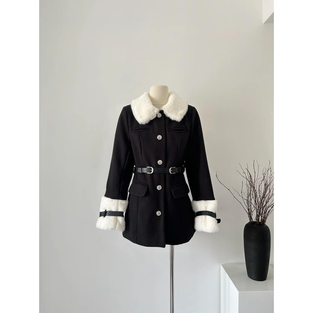 富家千金感学院风毛呢外套少女感毛领外套