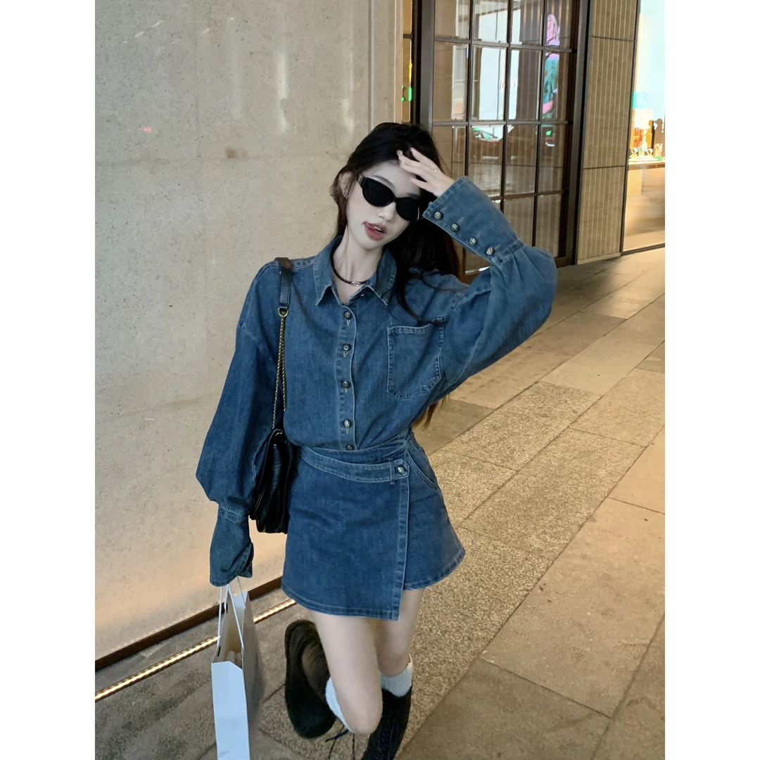 范欣然 石墨厘的迪克曲美式复古牛仔套装外套上衣高腰裤裙女