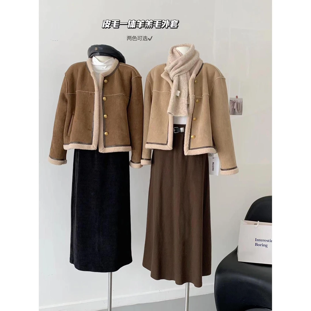 皮毛一体外套女2023冬季新款女装韩版时尚设计感圆领上衣女