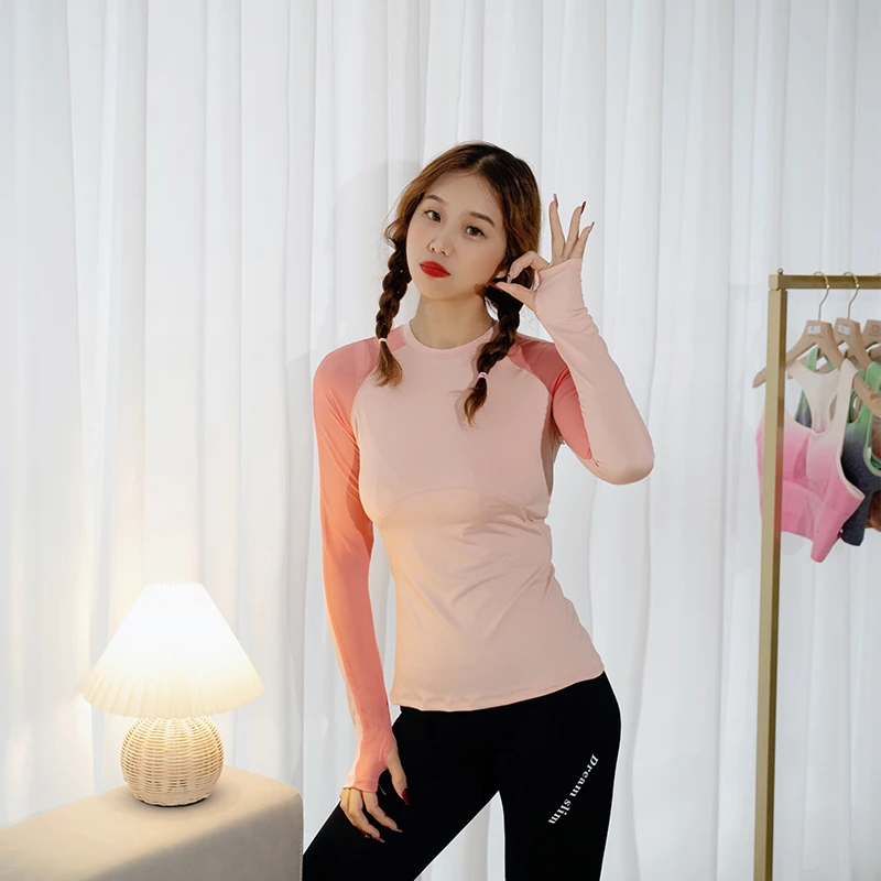 女士拼接长袖T恤圆领休闲运动瑜伽服健身房跑步显瘦上衣1RD876-A