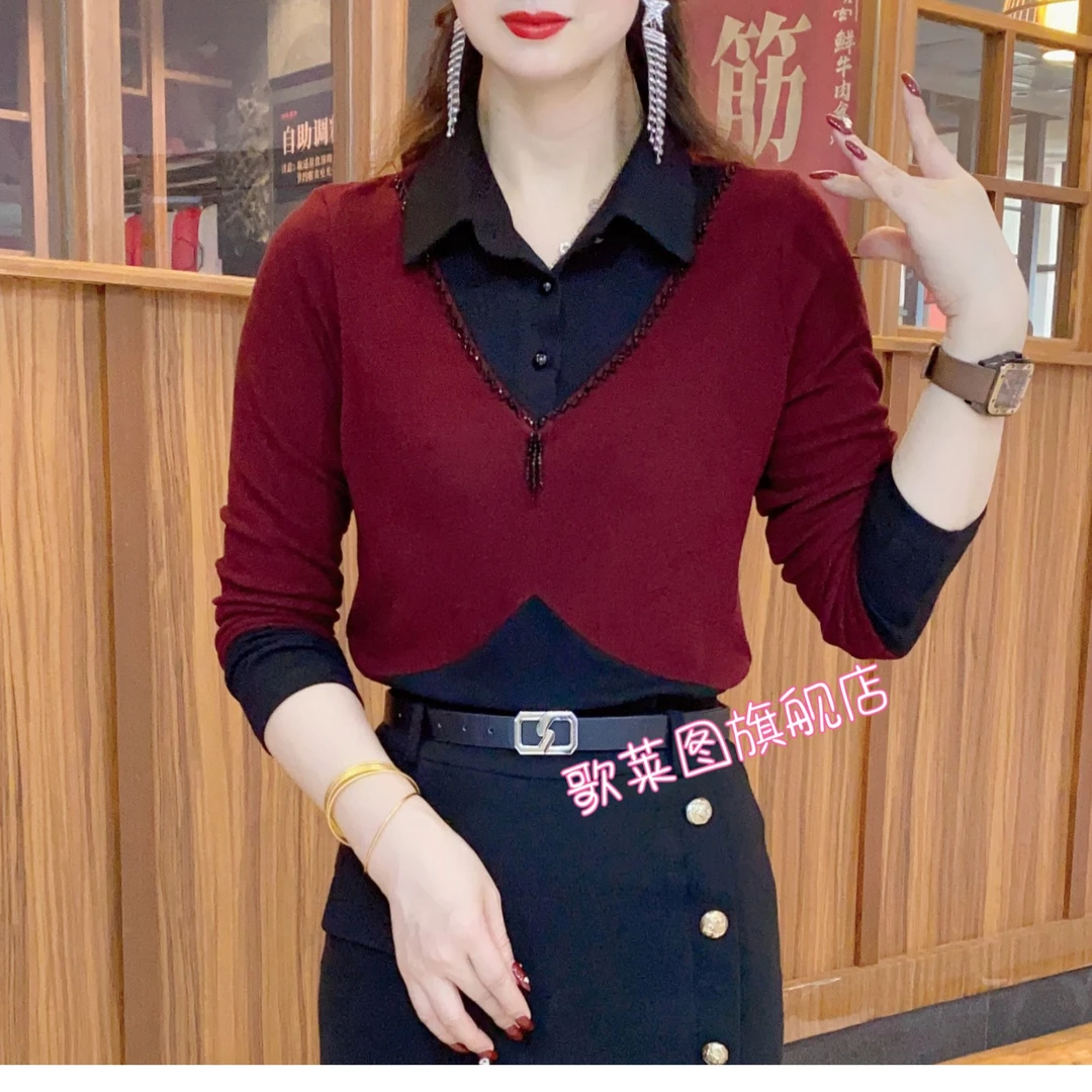【歌莱图】2023冬季新品时尚拼接假两件衬衫领小衫上衣显瘦百搭866#