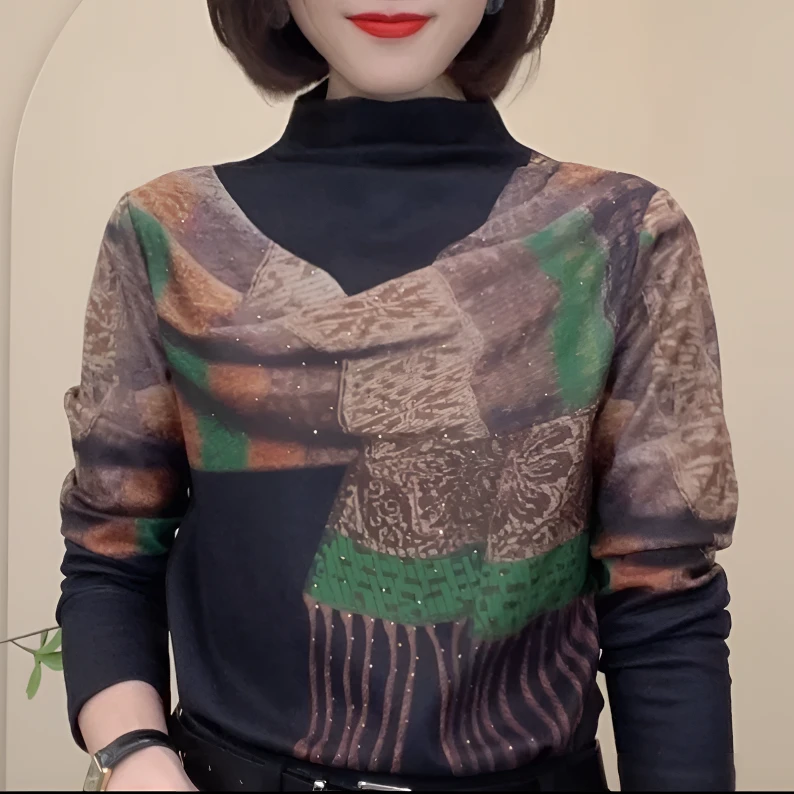 【歌莱图】2024秋季设计感假围巾时尚半高领长袖简约女士小衫#7153