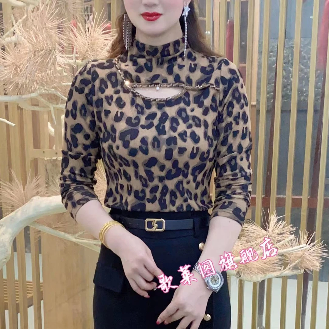 【歌莱图】冬季洋气显瘦时尚气质百搭加绒加厚长袖修身豹纹小衫898#