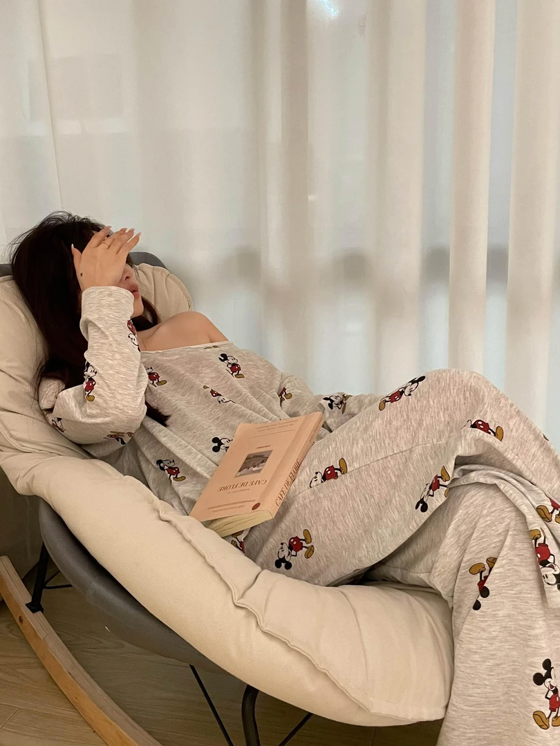 露肩卡通米奇~韩版睡衣女秋季2025年新款长袖长裤家居服两件套