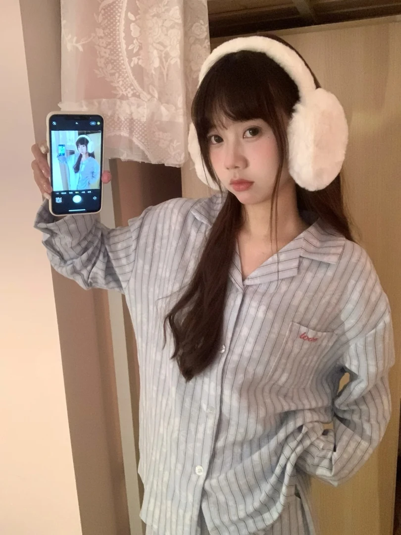 ins韩版少女感撞色条纹睡衣女秋季新款情侣大码长袖长裤家居套装