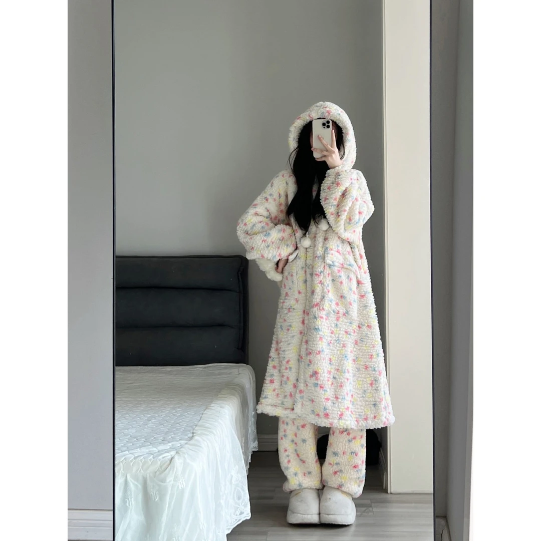 【彩色波点】可爱连帽软糯珊瑚绒睡裙套装冬季保暖睡袍长裤家居服