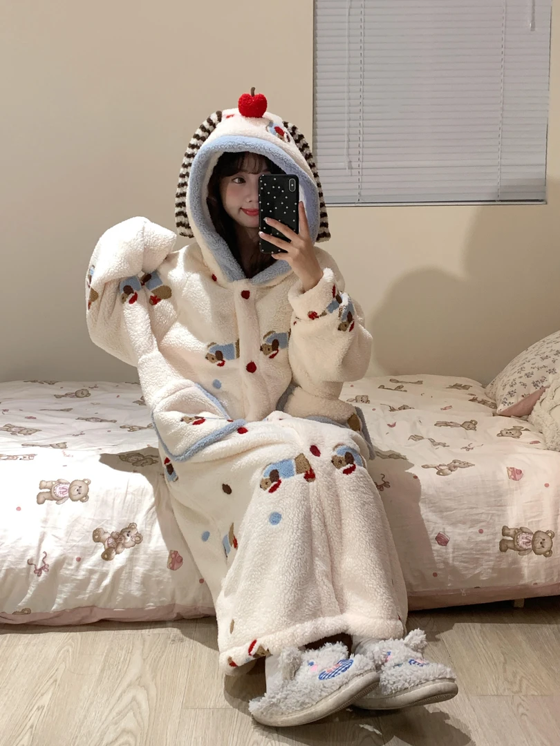可爱腊肠狗韩版连帽睡衣女冬季加绒加厚家居服睡袍睡裙
