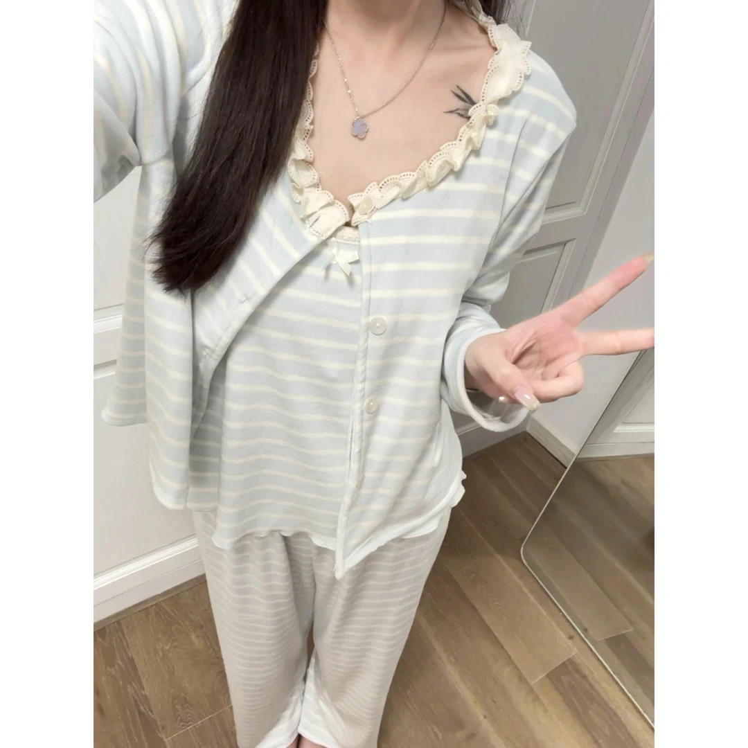 韩版撞色条纹纯欲睡衣女款秋冬2025年蕾丝边吊带长袖家居服三件套