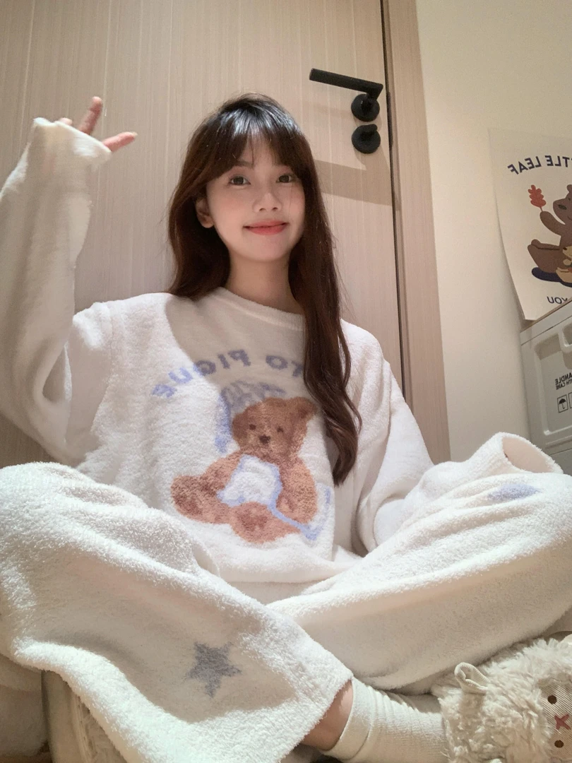 【软fufu小熊】新款可爱针织半边绒睡衣女套装秋冬季加绒轻松熊睡衣